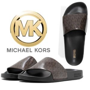 MICHAEL KORS Brown Monogram Signature Logo Gilmore Slip On Slides Sandals